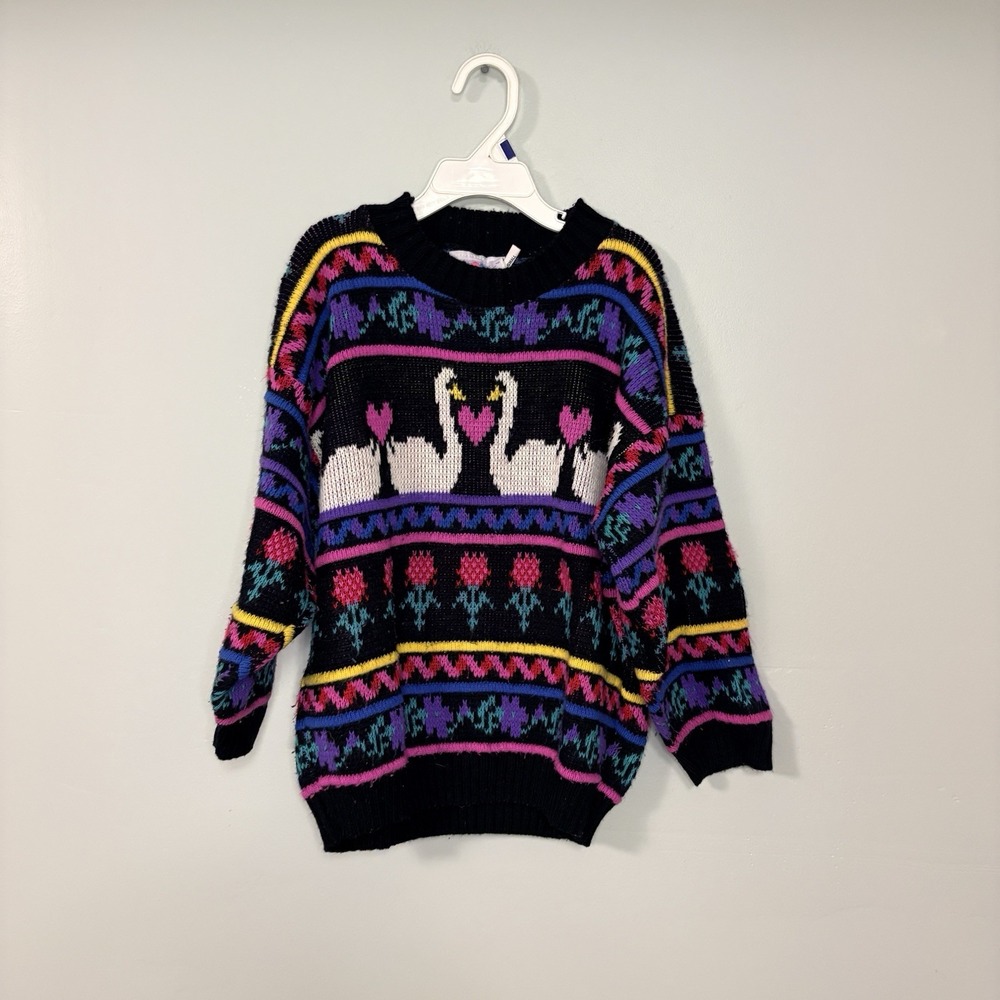 Vintage 1980s Heartworks Girls Size S Knit Swan Sweater Bright Retro